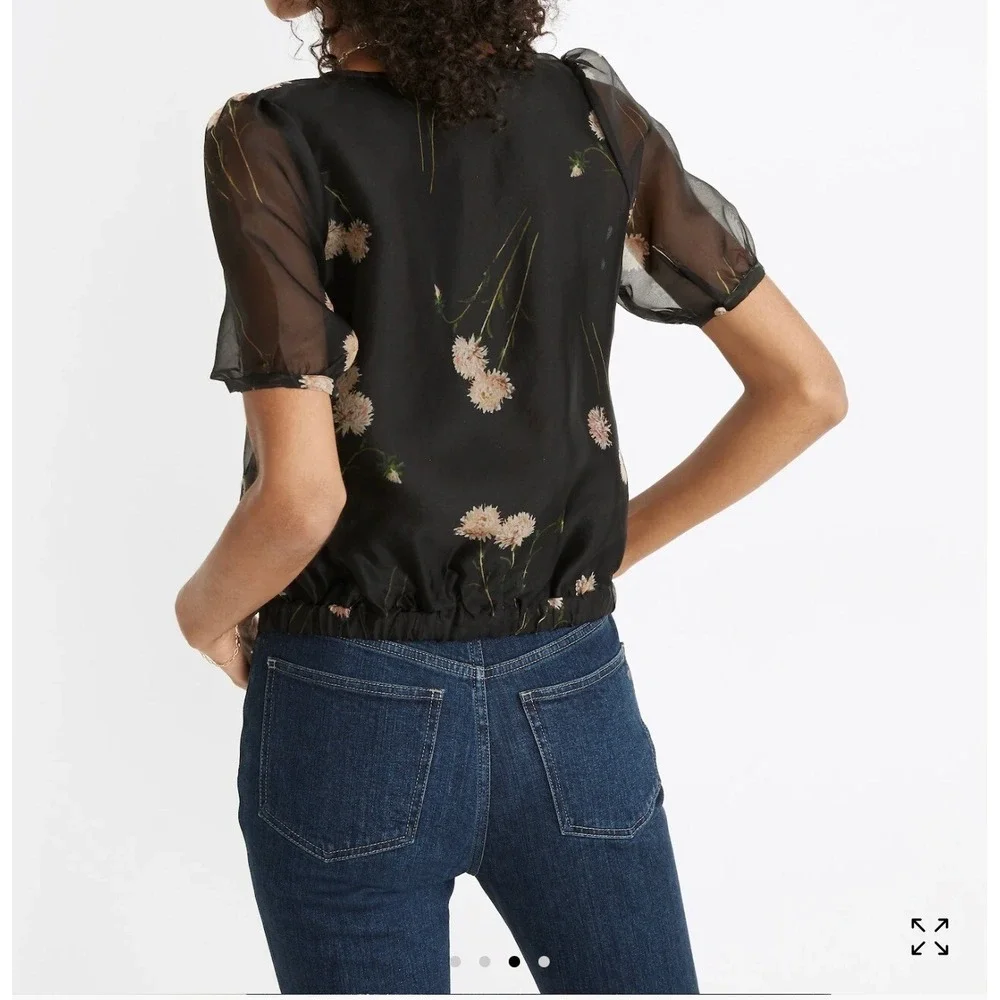 Madewell  Silk Puff Sleeve Wrap‎ Top Black Floral V-Neck Blouse XXS, fits sz 4
